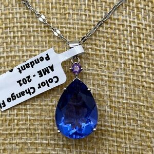 Color-change Blue Fluorite with Amethyst Accent Teardrop Necklace set in 925 S.S